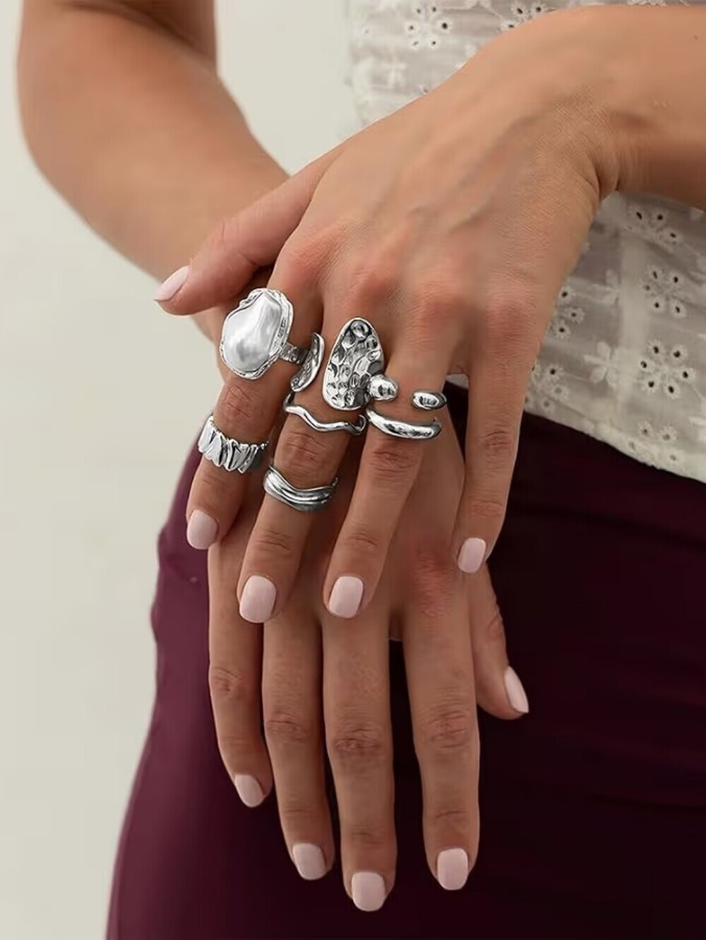 7Pcs Chunky Rings Statement Silver Irregular Baroque Stackable - Picture 2 of 5